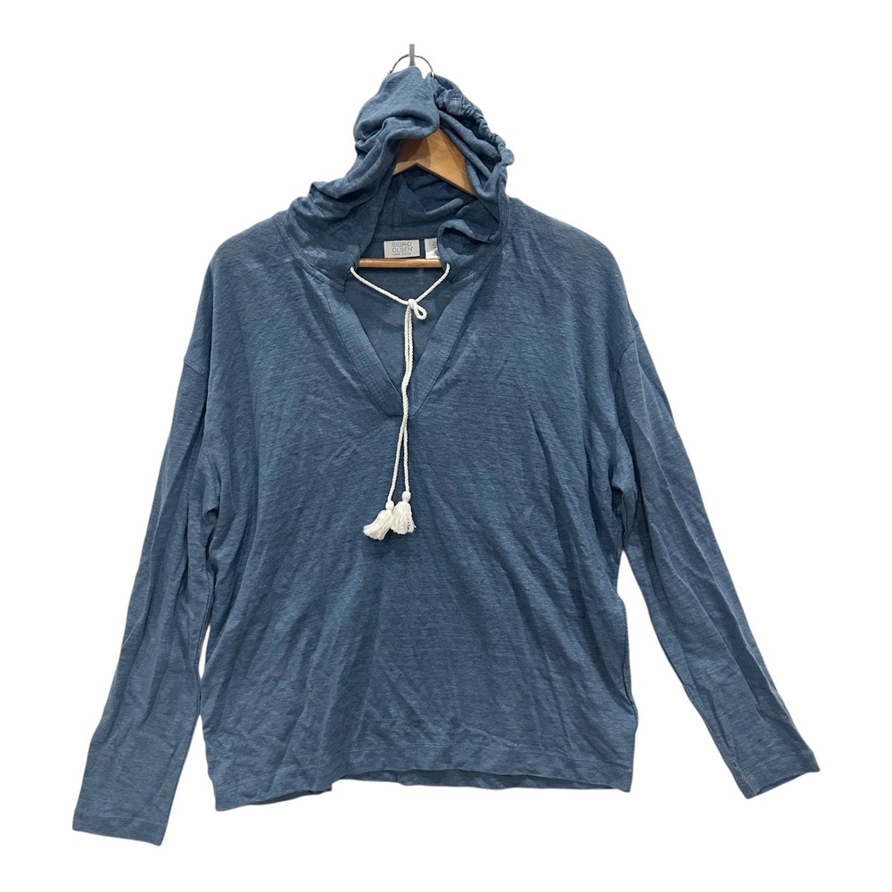 Sigrid Olsen Womens L Blue 100% Linen Hoodie Tassel Drawstring Top